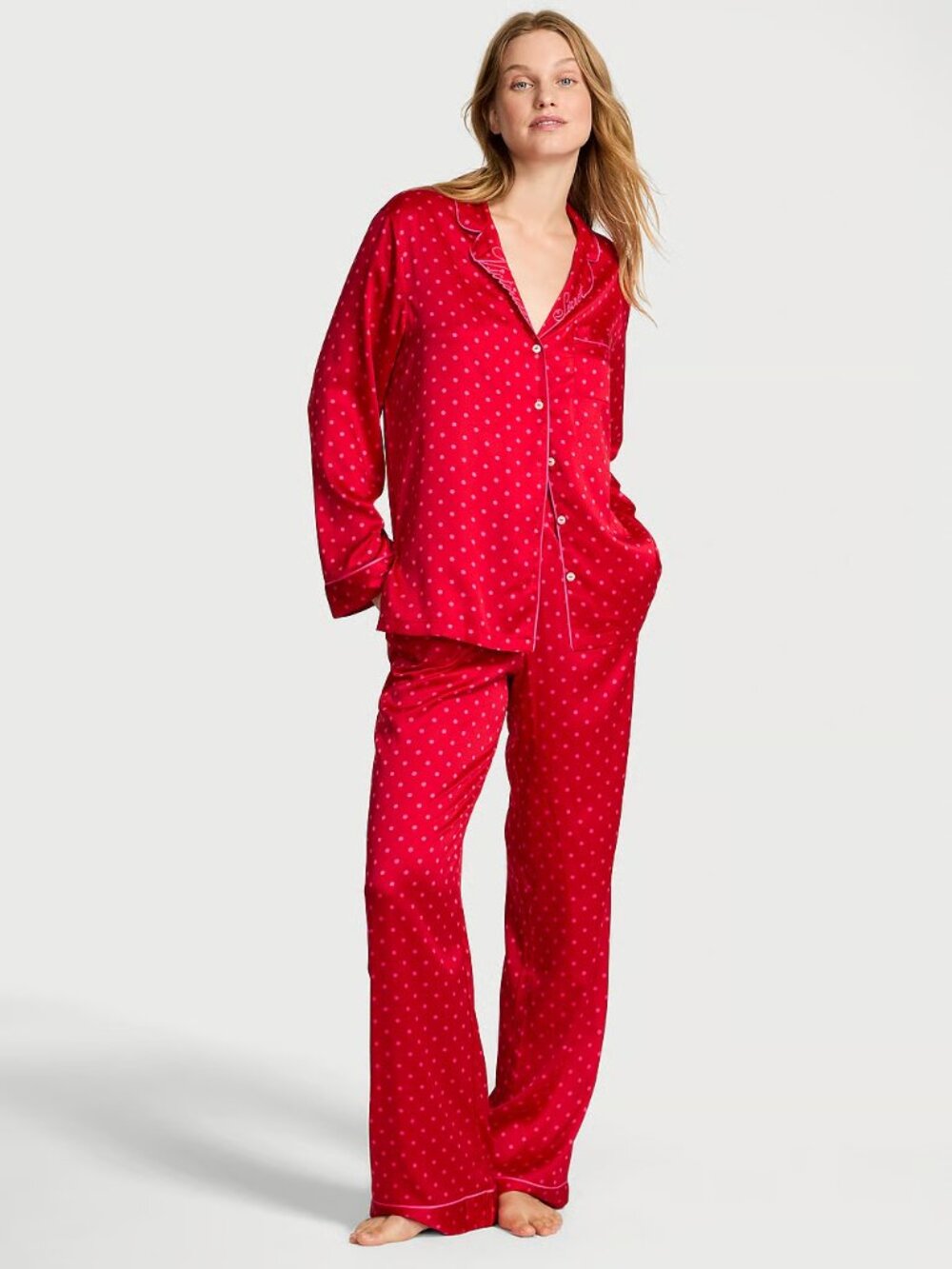 Victoria’s Secret Satin Red and Pink Polka Dot Long Pajama Set. Size S. Regular